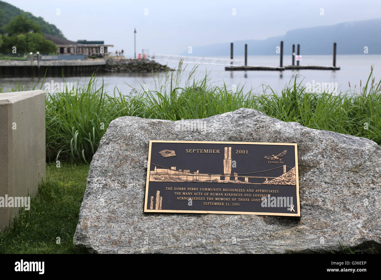 9/11 Memorial Plaque at Waterfront Park, Dobbs Ferry, NY, USA Stock