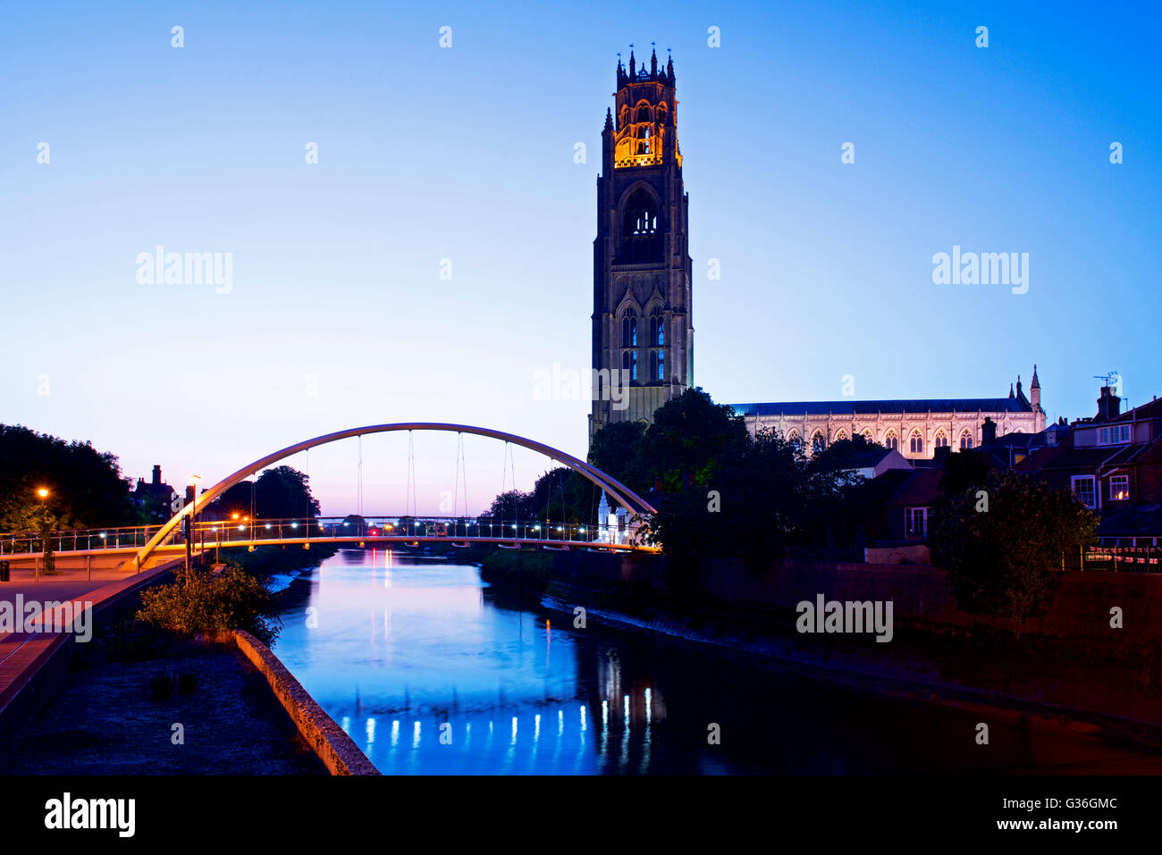 The tower of St Botolph's Church (known as the Stump), and River Haven, Boston, Lincolnshire, England UK Stock Photo
