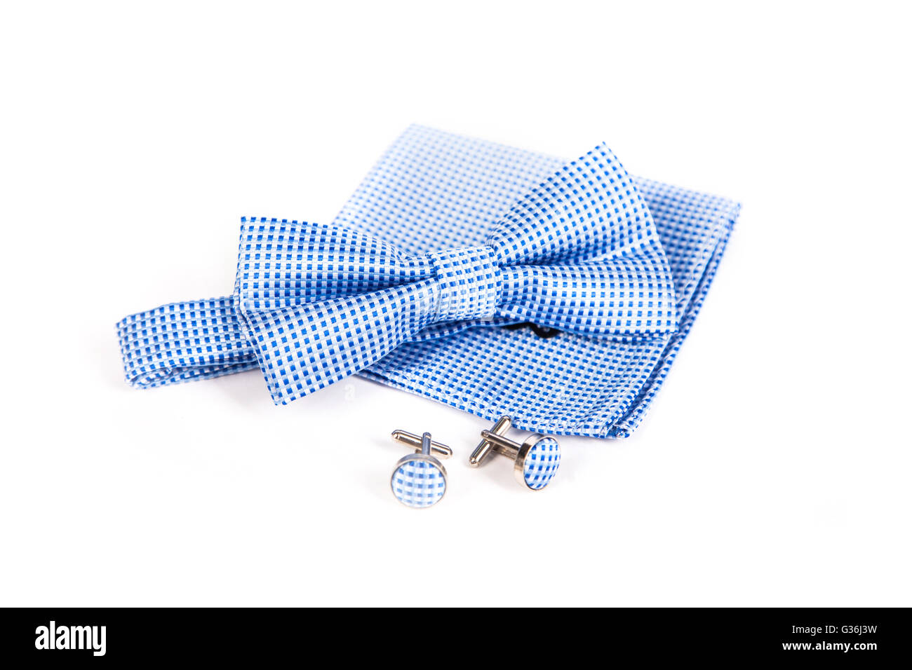 Bow tie, handkerchief and cufflinks. Wedding accessories groom. Stock Photo