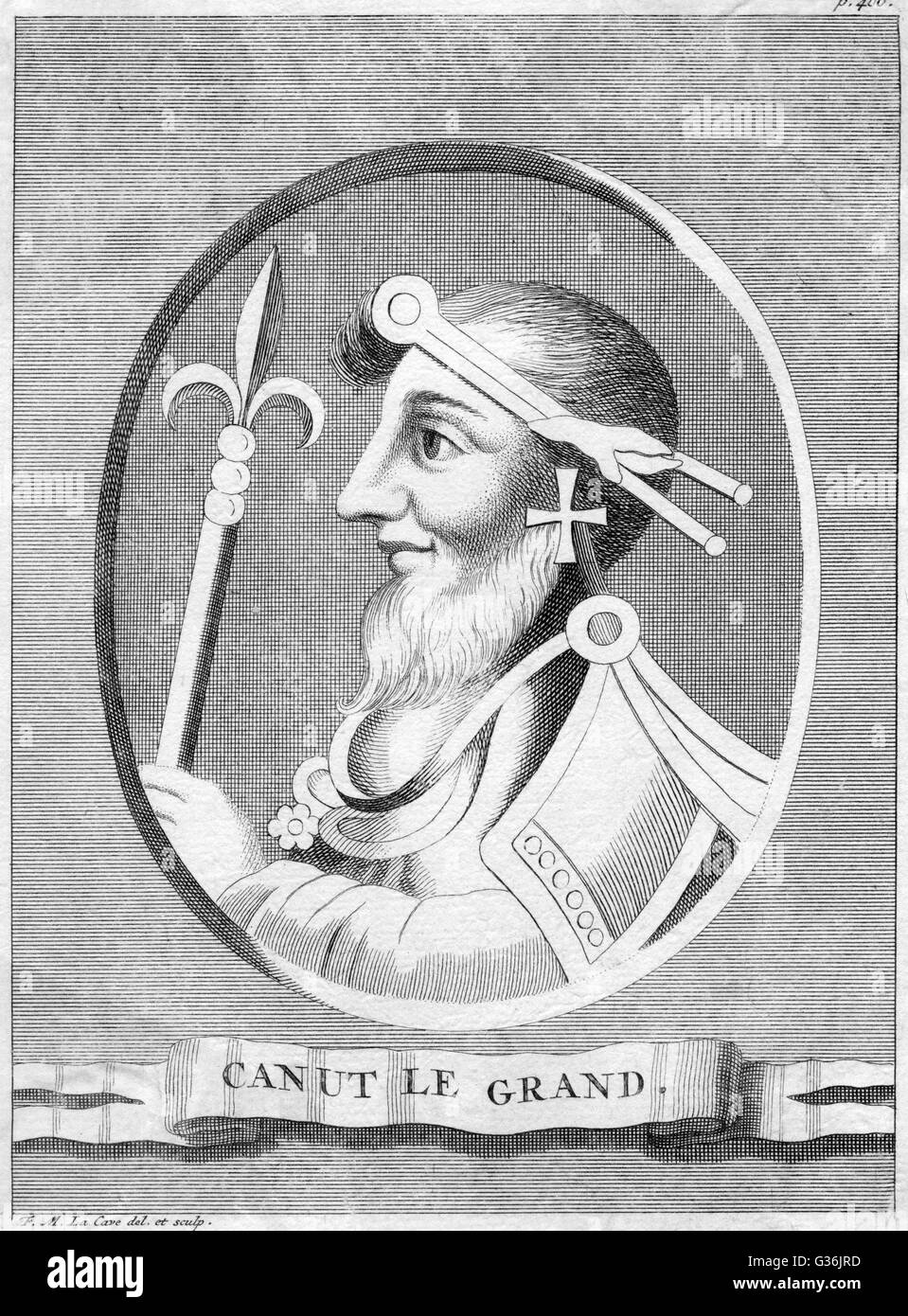 Canute I the Great (c.995-1035), Viking King of England, Denmark, Norway,  Canute demonstrating to his flatters that only God can command the tides,  From The Imperial History of England by Theophilus Camden (