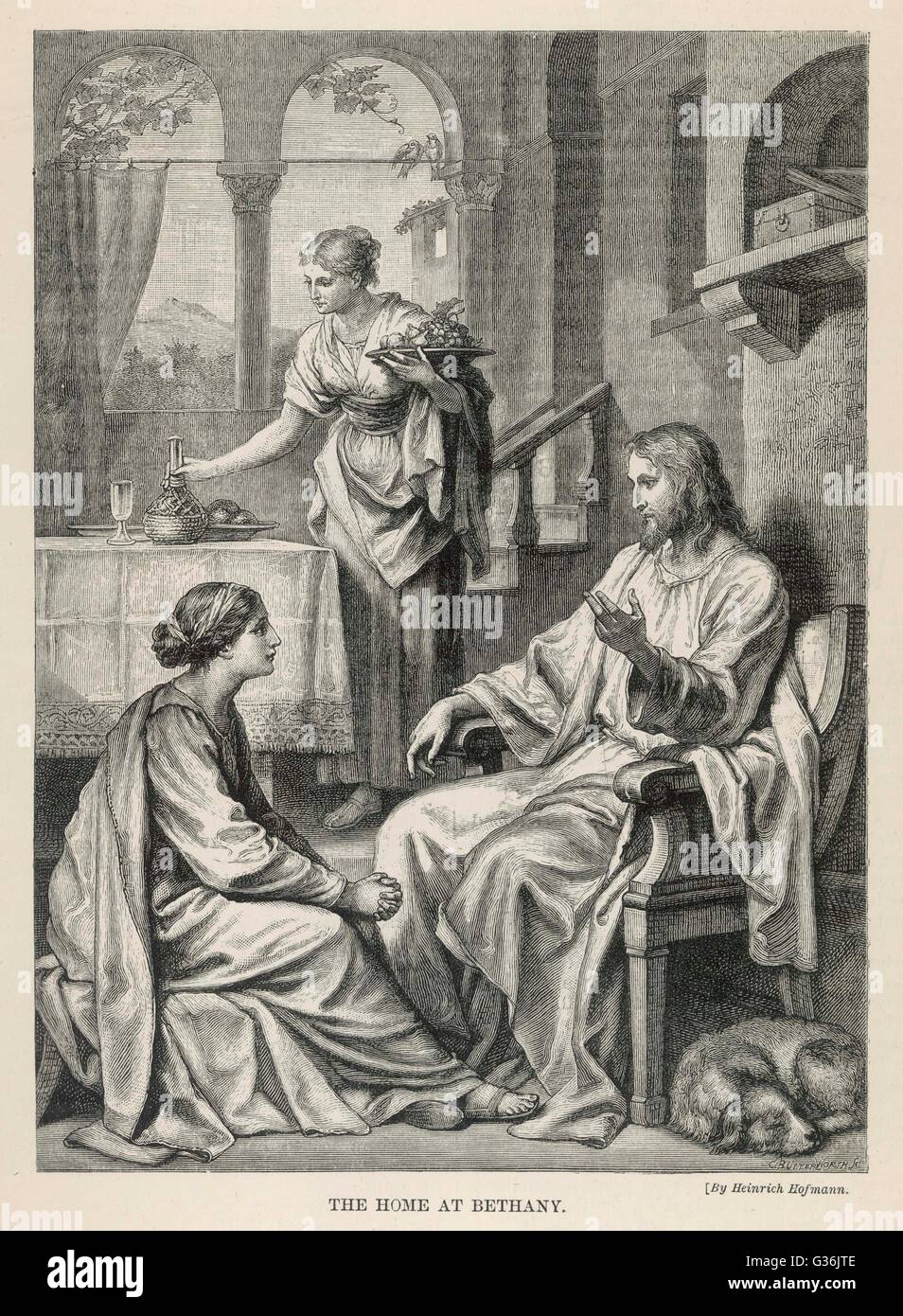 Jesus talks with Mary while  Martha does housework. Stock Photo