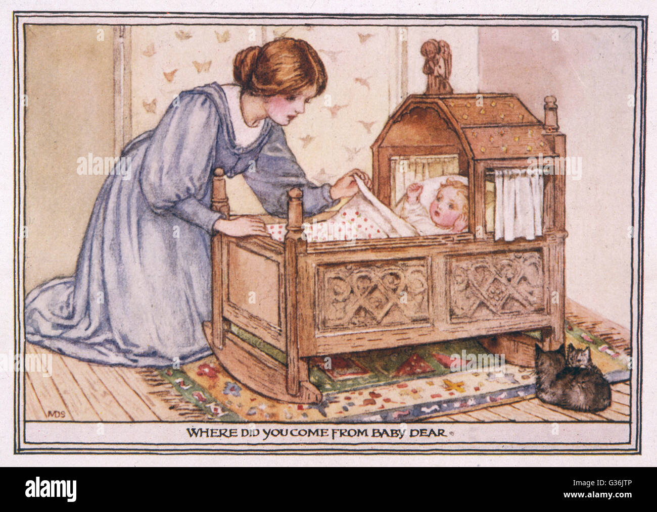 Young mother admires baby in cradle Stock Photo Alamy