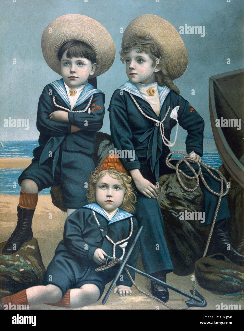 Three boys in sailor suits on the beach date hires stock photography