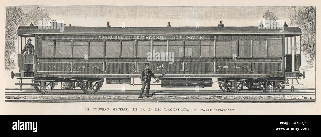 The Orient Express -- the  wagon-restaurant or dining car.      Date: 1884 Stock Photo
