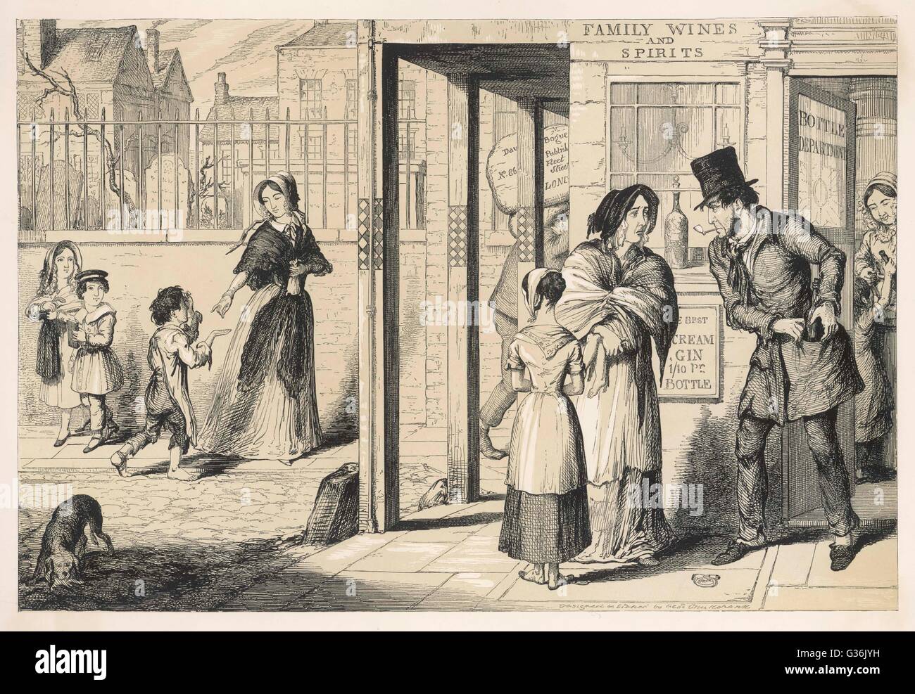 The Bottle, scene 4    The boy begs in the street,  the girl goes barefoot, to pay for The Bottle.      Date: 1847 Stock Photo