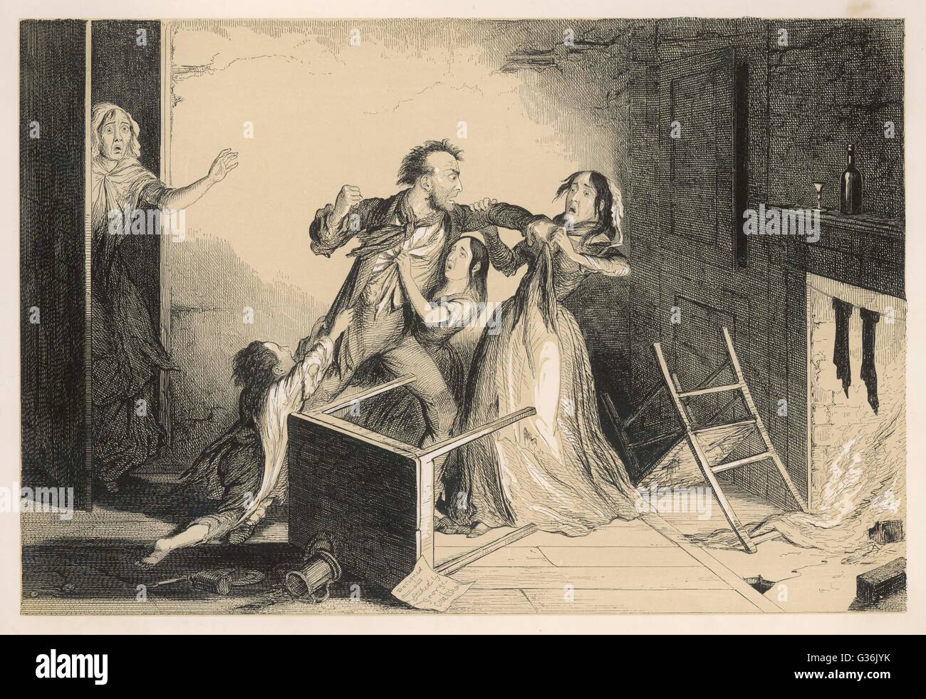 The Bottle, scene 6    Husband and wife come to blows over The Bottle       Date: 1847 Stock Photo