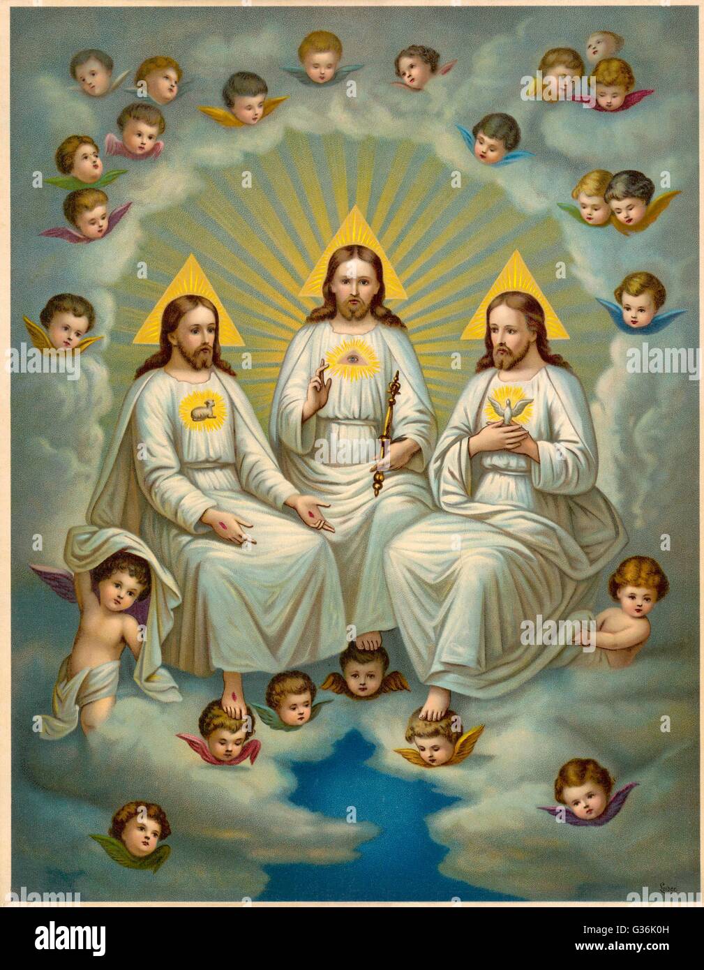 A depiction of the Holy Trinity (Father, Son and Holy Spirit), with cherubs and putti.            Date: 19th century Stock Photo