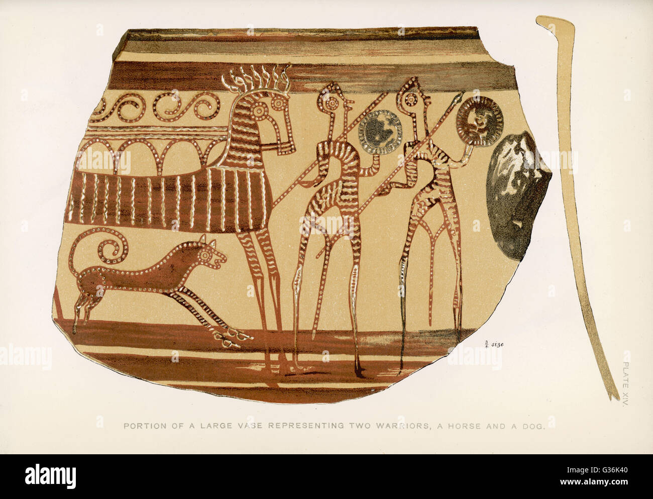 The Design On A Greek Vase Depicting Two Warriors With A Horse
