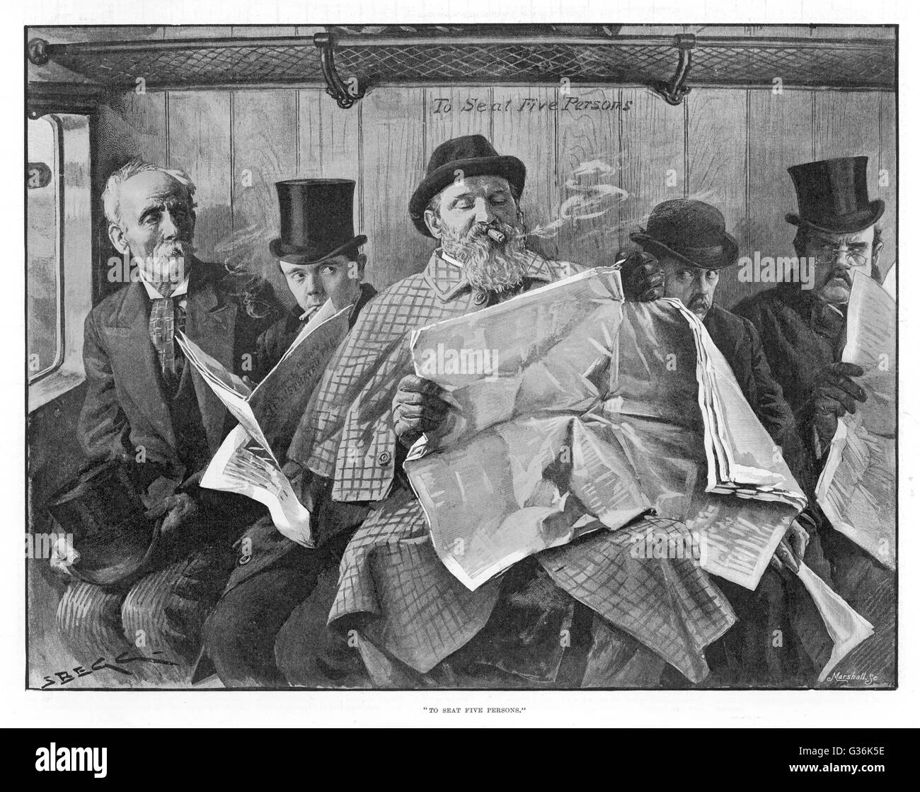 'To seat five persons' Gentlemen struggle to read  their newspapers in an  overcrowded train      Date: 1895 Stock Photo