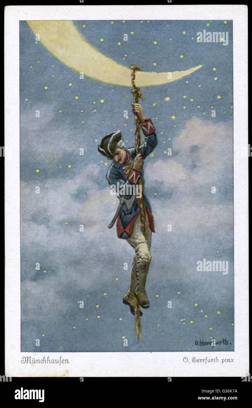 Baron Munchhausen climbs to the Moon. Date: First published: 1785 Stock Photo