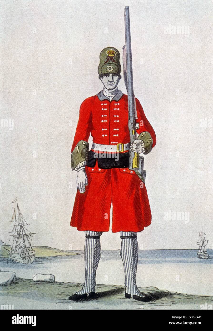 British soldier from the 6th  Regiment of Marines         Date: 1742 Stock Photo