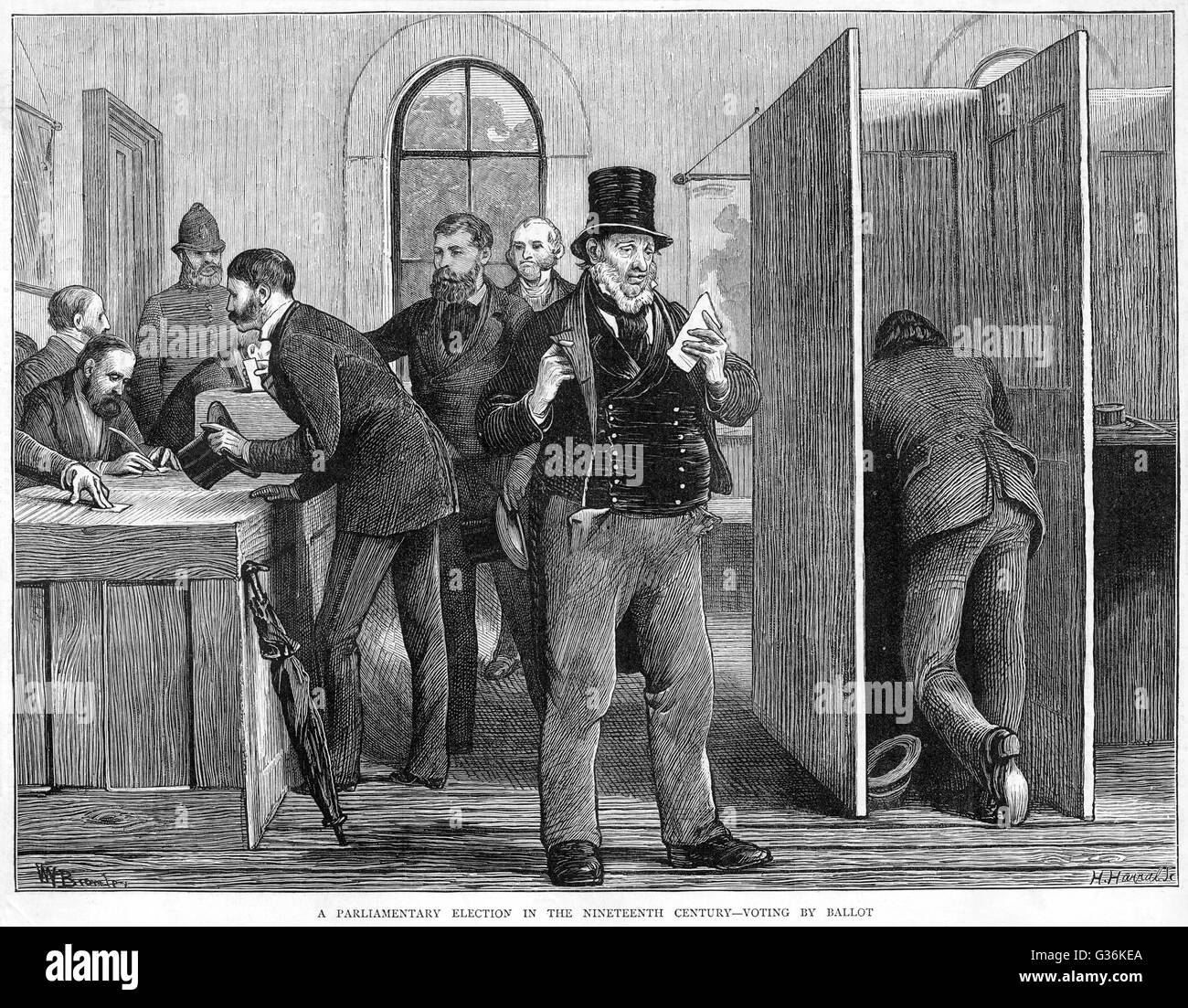 A parliamentary election,  voting by secret ballot was  only introduced in Britain in  1872 with Gladstone's Ballot  Act removing the possible  intimidation of open voting     Date: 1873 Stock Photo