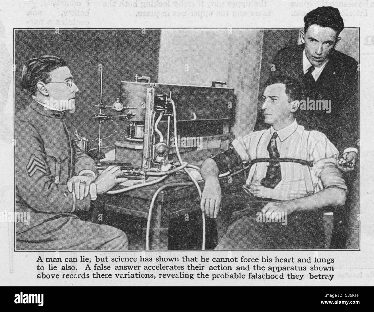 American instrument for the detection of uttered fibs, falsehoods, and other untruths, based on responses of the subject's heart and  lungs     Date: 1923 Stock Photo
