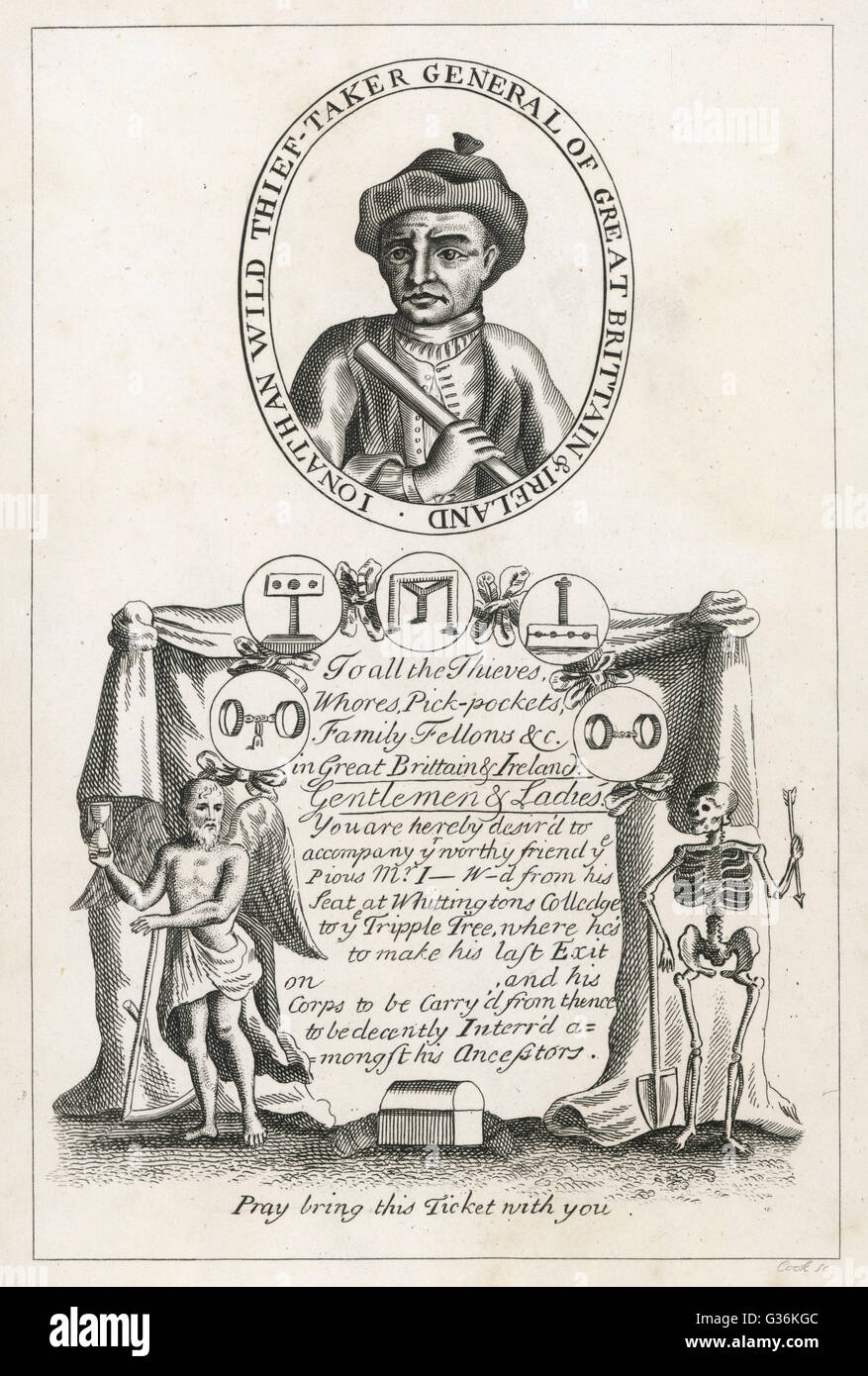Jonathan Wild (1682(?) - 1725), the thief &amp;  thief taker, who was executed  at Tyburn in 1725, with the satirical invitation to his  hanging Stock Photo