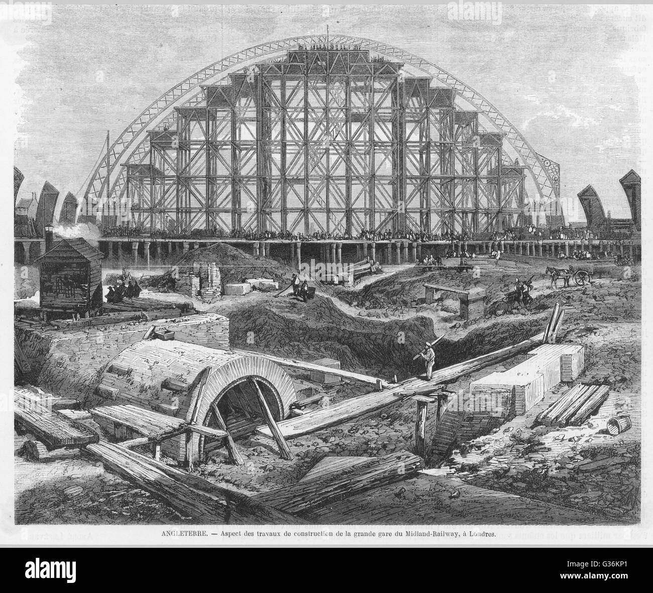 Construction of St. Pancras Station. The magnificent canopy of the  new Midland Railway terminus  takes shape near the Euston  Road.      Date: 1868 Stock Photo