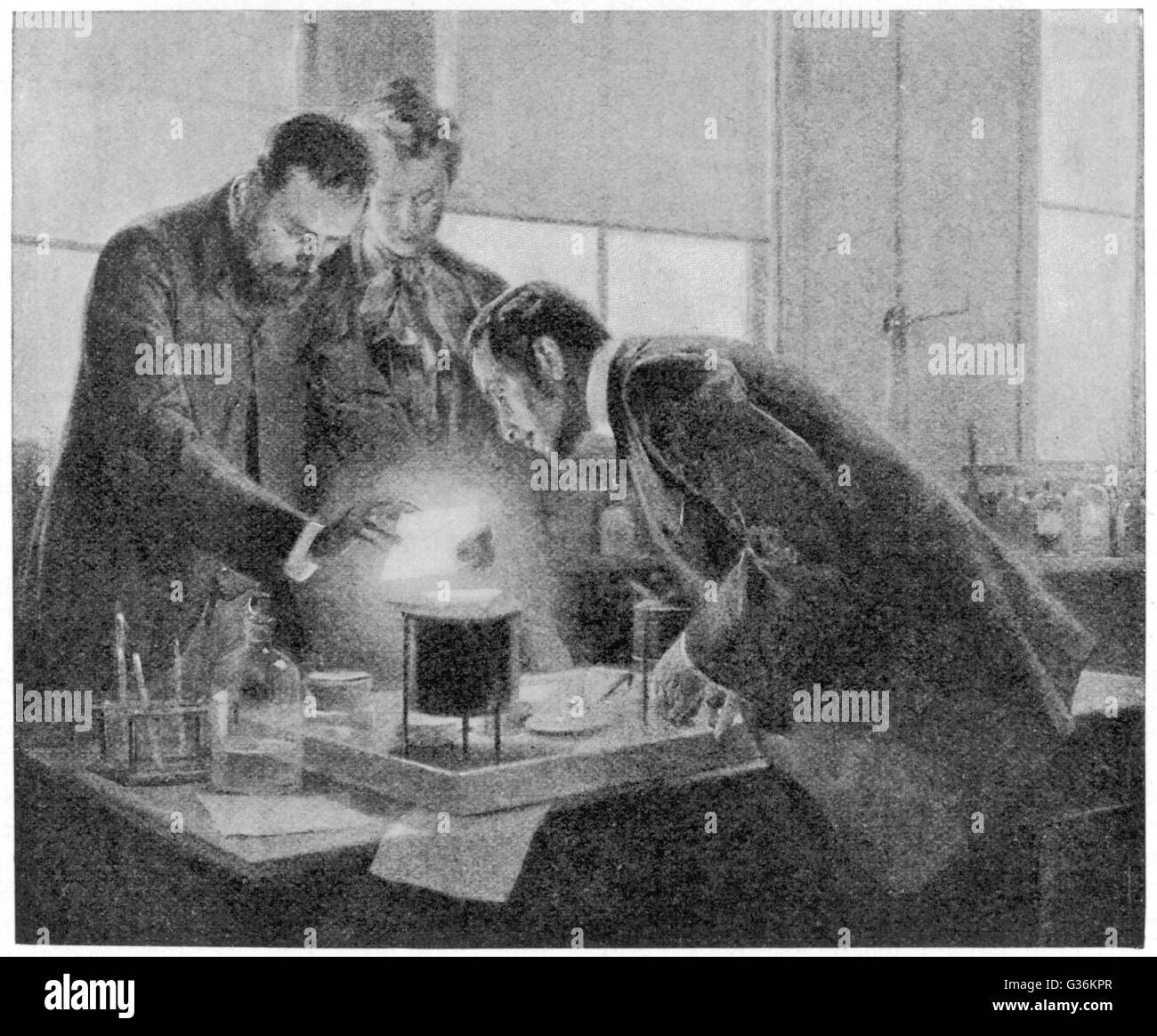 Marie and Pierre Curie in their laboratory, Paris Stock Photo