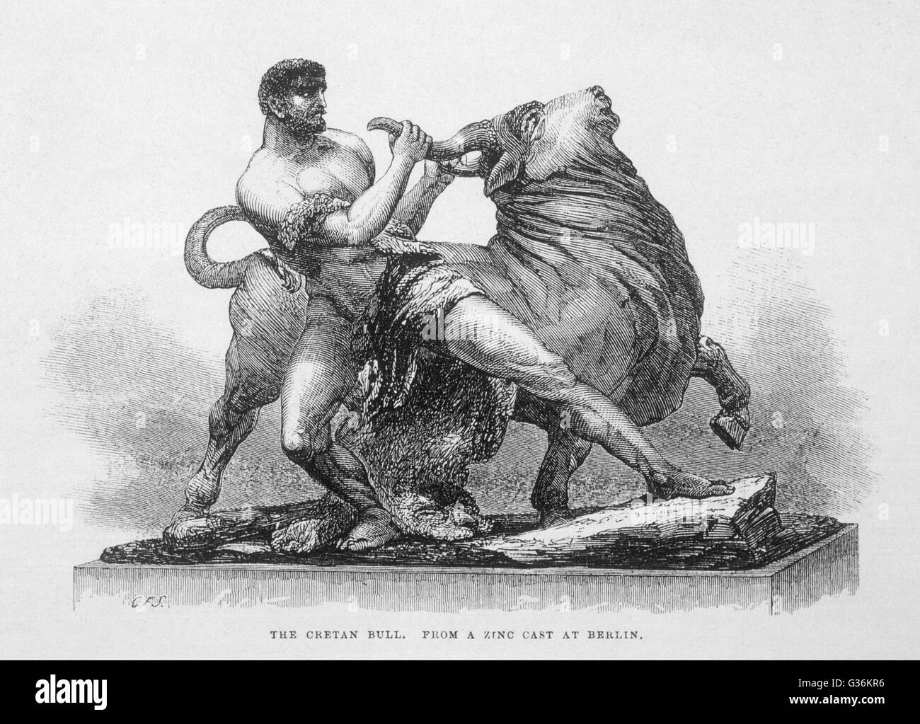 Hercules captures the Cretan  Bull which was given to King  Minos by Poseidon. (The  Minotaur was the offspring of  the wife of King Minos and the  Cretan bull she so admired). Stock Photo
