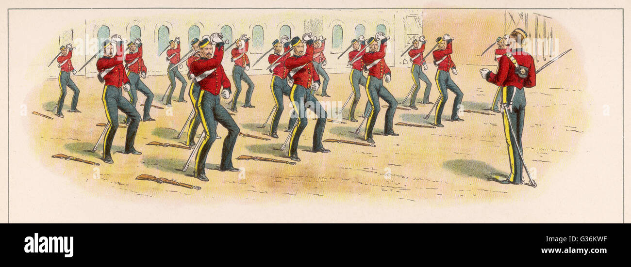 Soldiers doing sword  exercises.         Date: circa 1885 Stock Photo