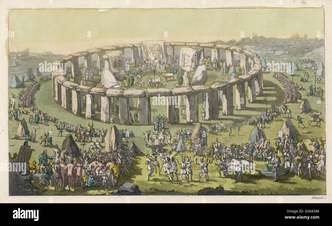 Celebrating a grand  conventional festival at Stonehenge : priests and bards perform their functions, oxen drag the Avane, containing a monster from the lake.     Date: BC Stock Photo