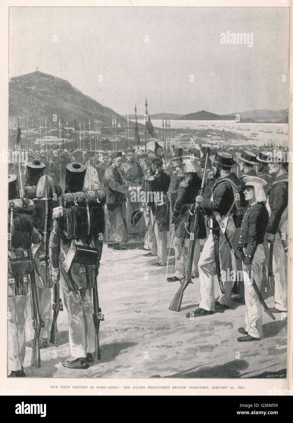 The British take over the  sland, occupied by them since  1839 but now formally ceded by  the Chinese and confirmed by  the Treaty of Nanking 1842      Date: 20 January 1841 Stock Photo