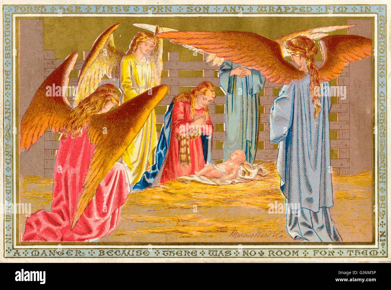 Christmas nativity scene in the manger with angels     Date: 1908 Stock Photo