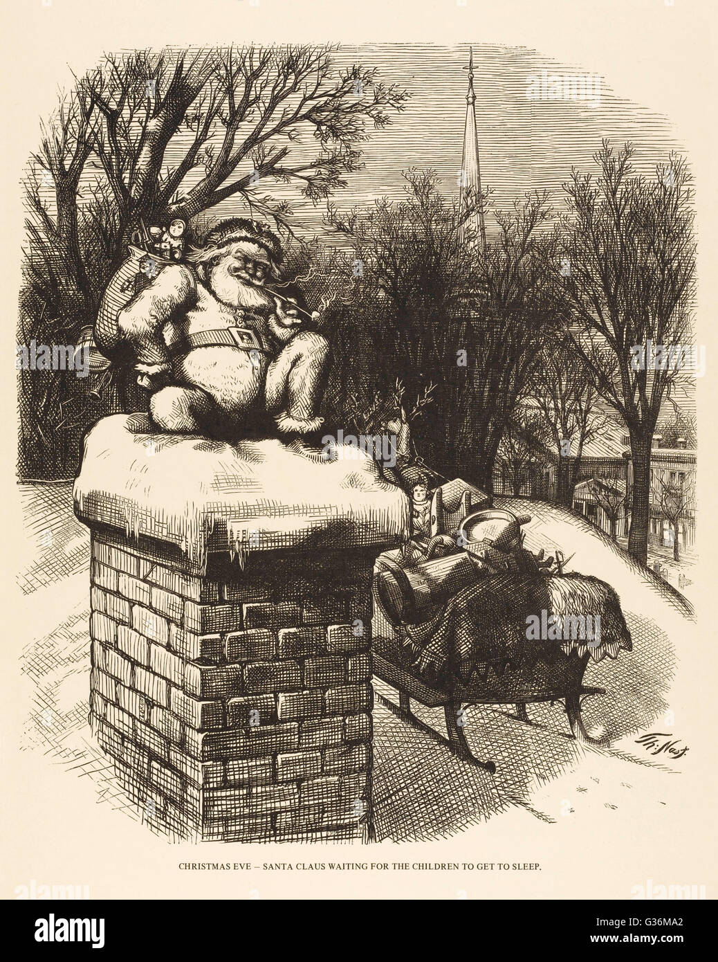 Father Christmas Going Down a Chimney Stock Photo