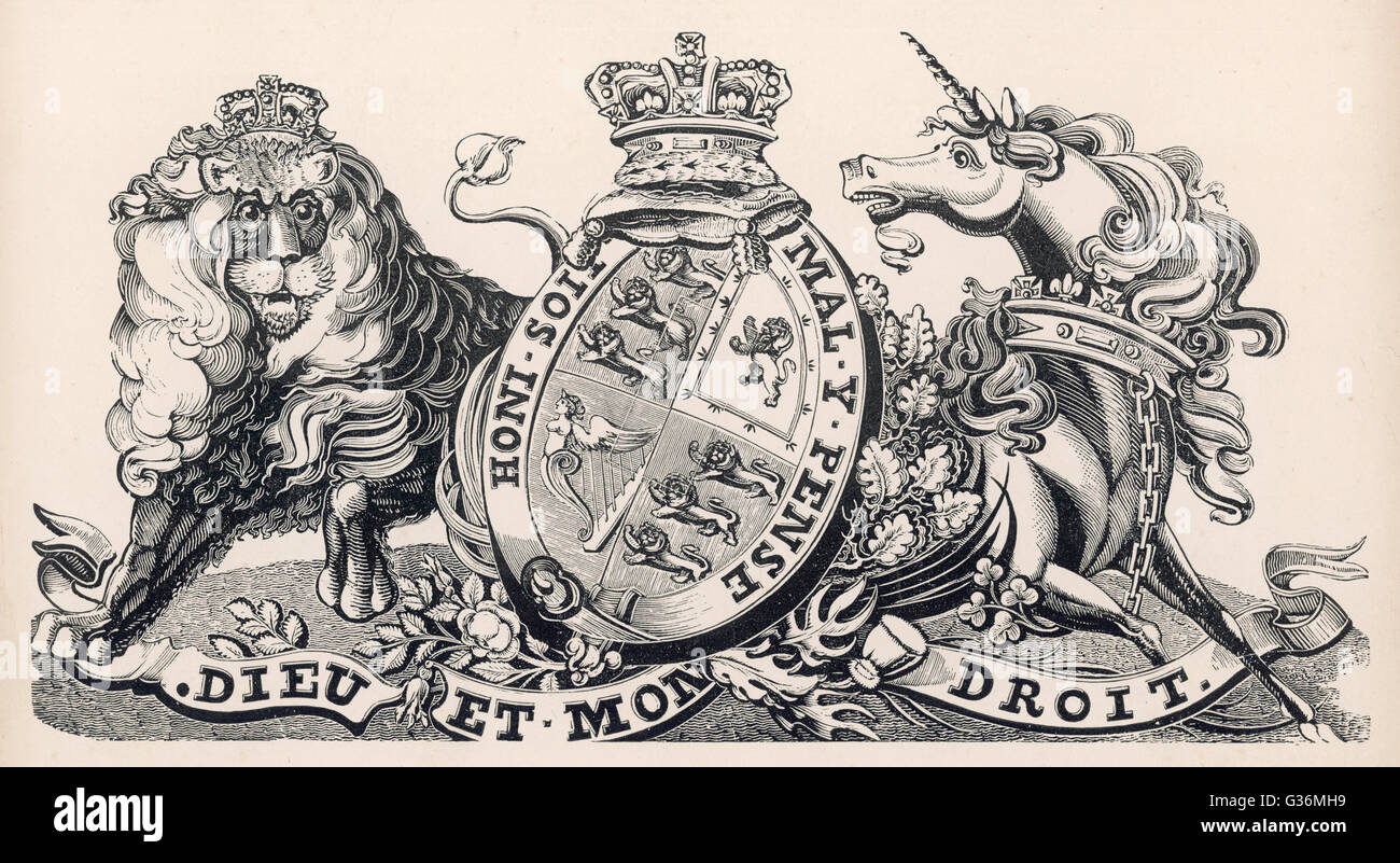The royal coat of arms of Britain during Victoria's  reign.       Date: 19th century Stock Photo