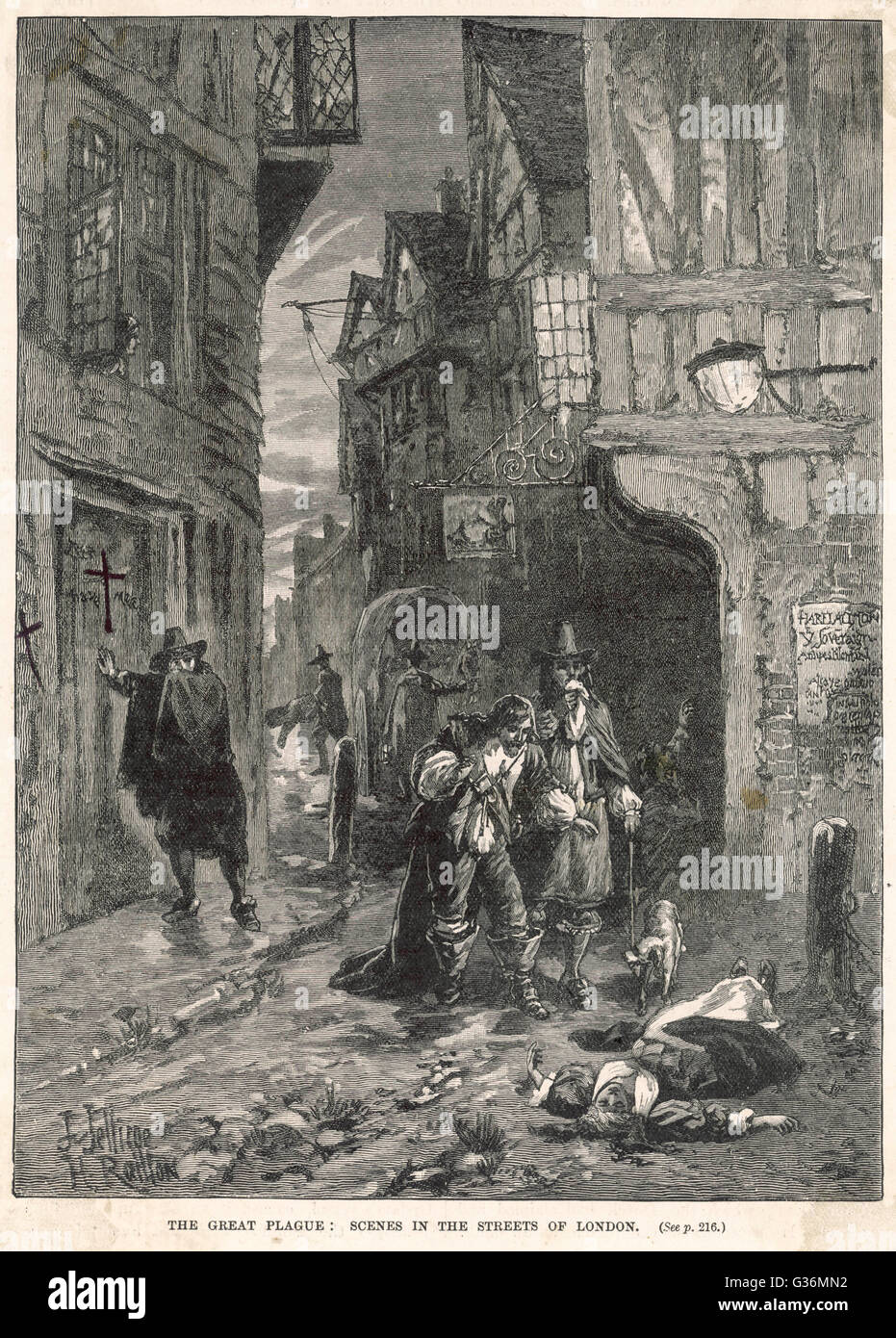 Great Plague of London of 1665. Discovering victims in the London streets 1665 - Stock