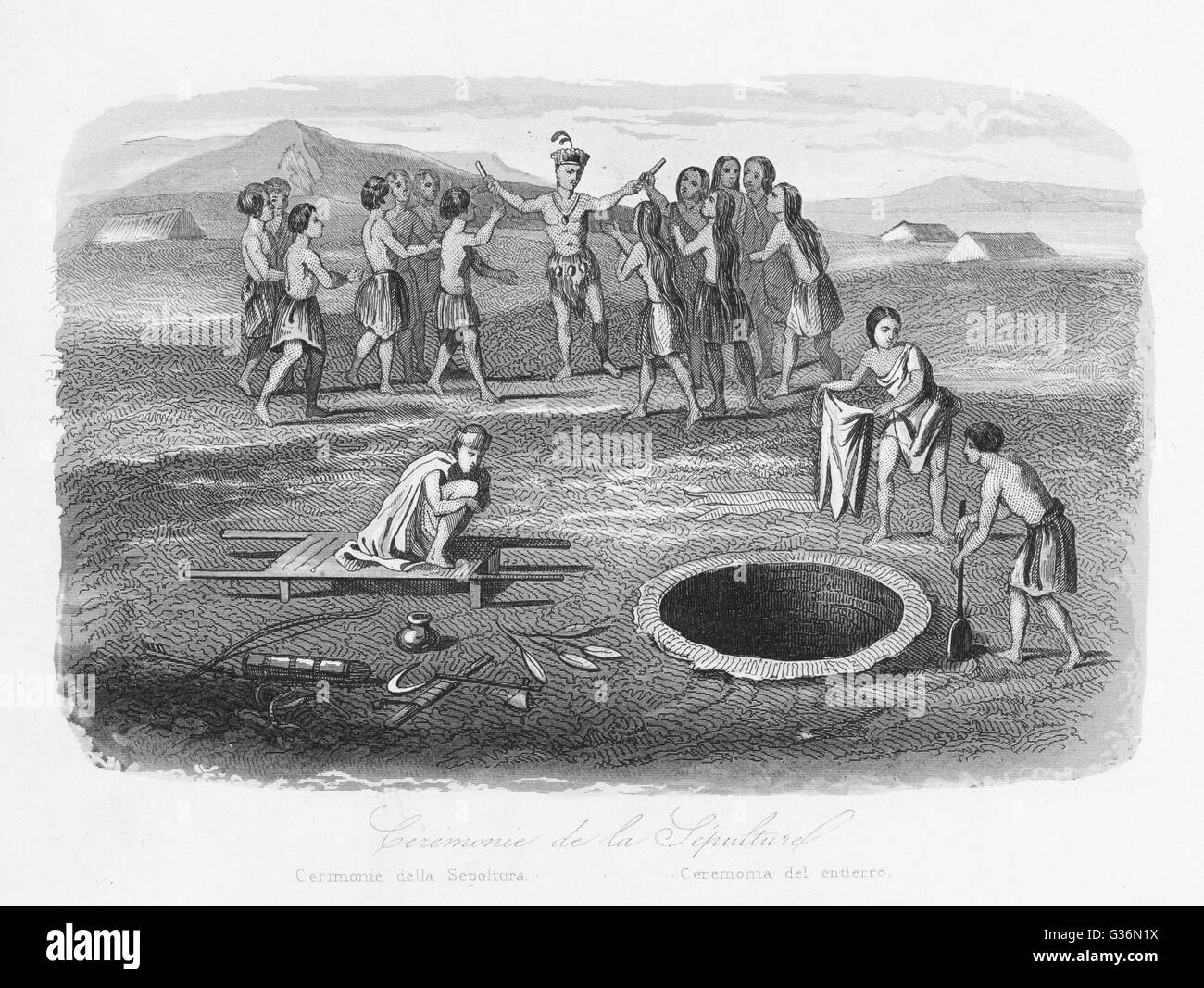 The Iroquois people of North America bury their dead in a sitting posture.      Date: 1846 Stock Photo
