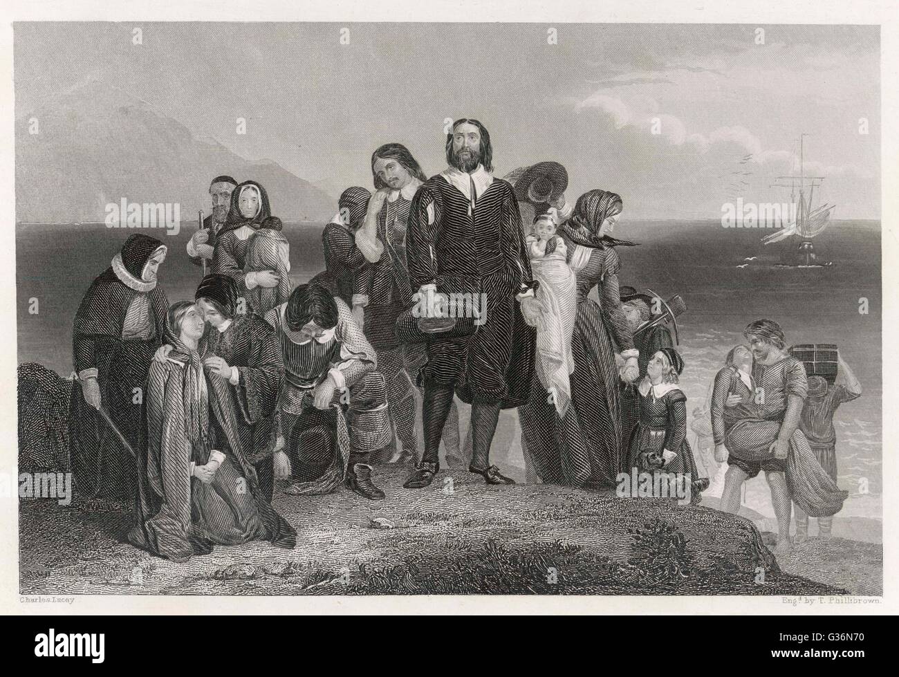 Pilgrim Fathers landing at Plymouth, Massachusetts Stock Photo