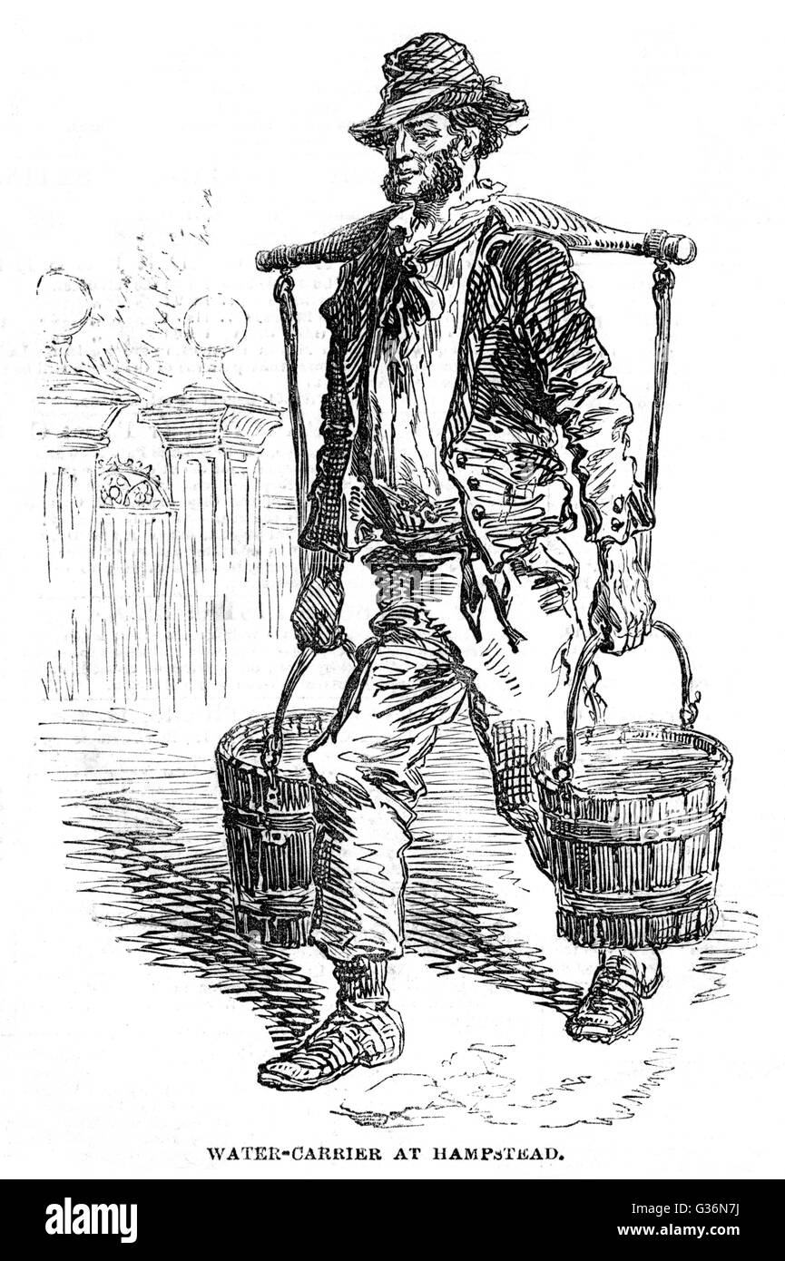 A London water carrier in Hampstead. He is carrying two wooden buckets