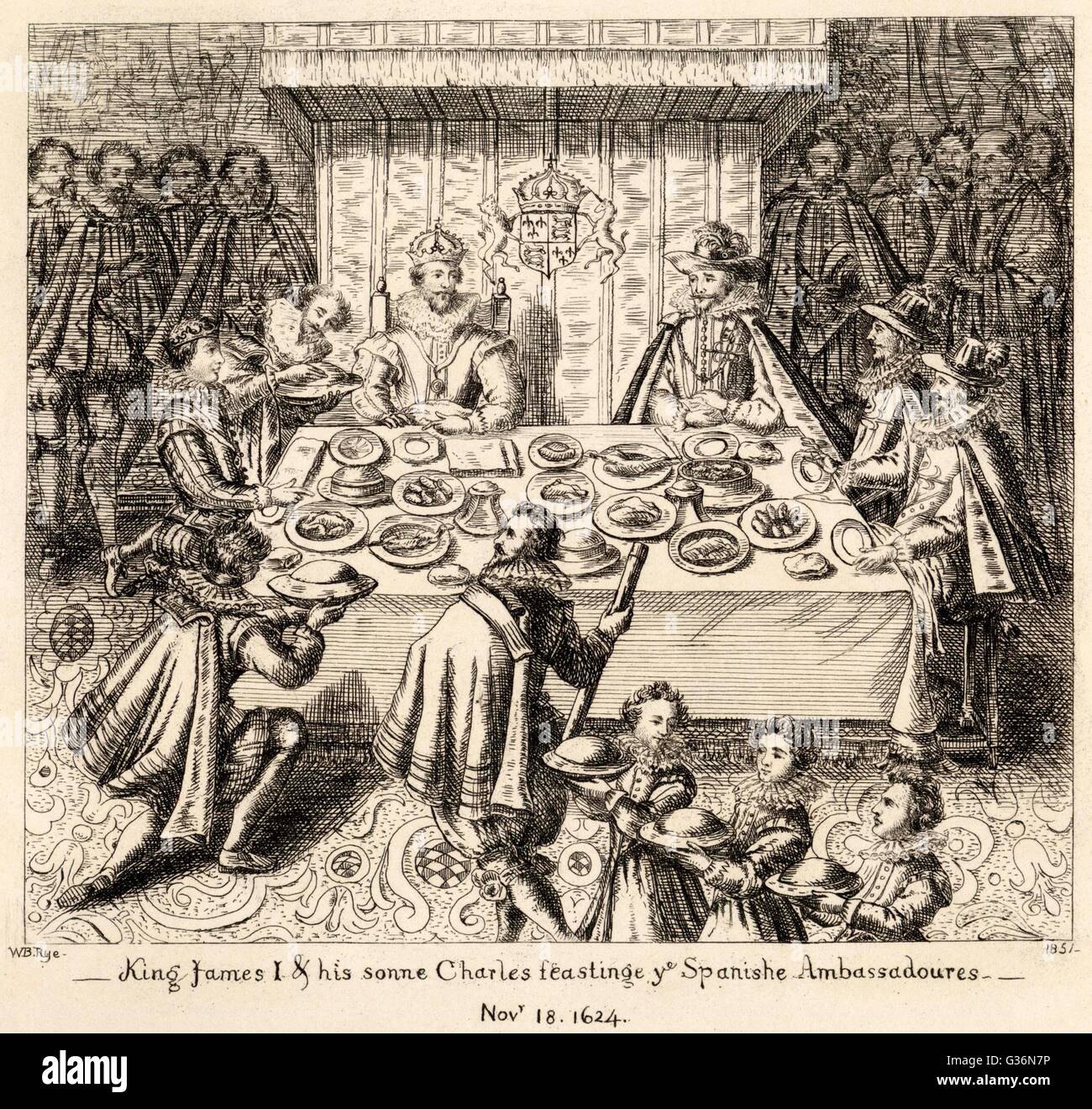 King James I of England (and VI of Scotland) feasting with Spanish  ambassadors.         Date: 18th November 1624 Stock Photo