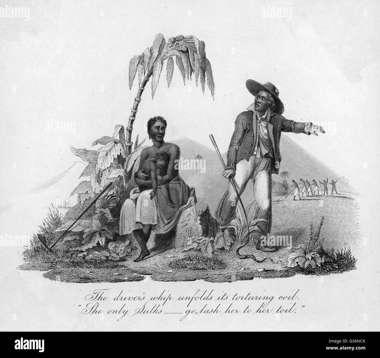 An enslaved mother in the West Indies with her child in her lap is urged to work by the slave driver. 'The driver's whip unfolds its torturing evil.'      Date: circa 1835 Stock Photo