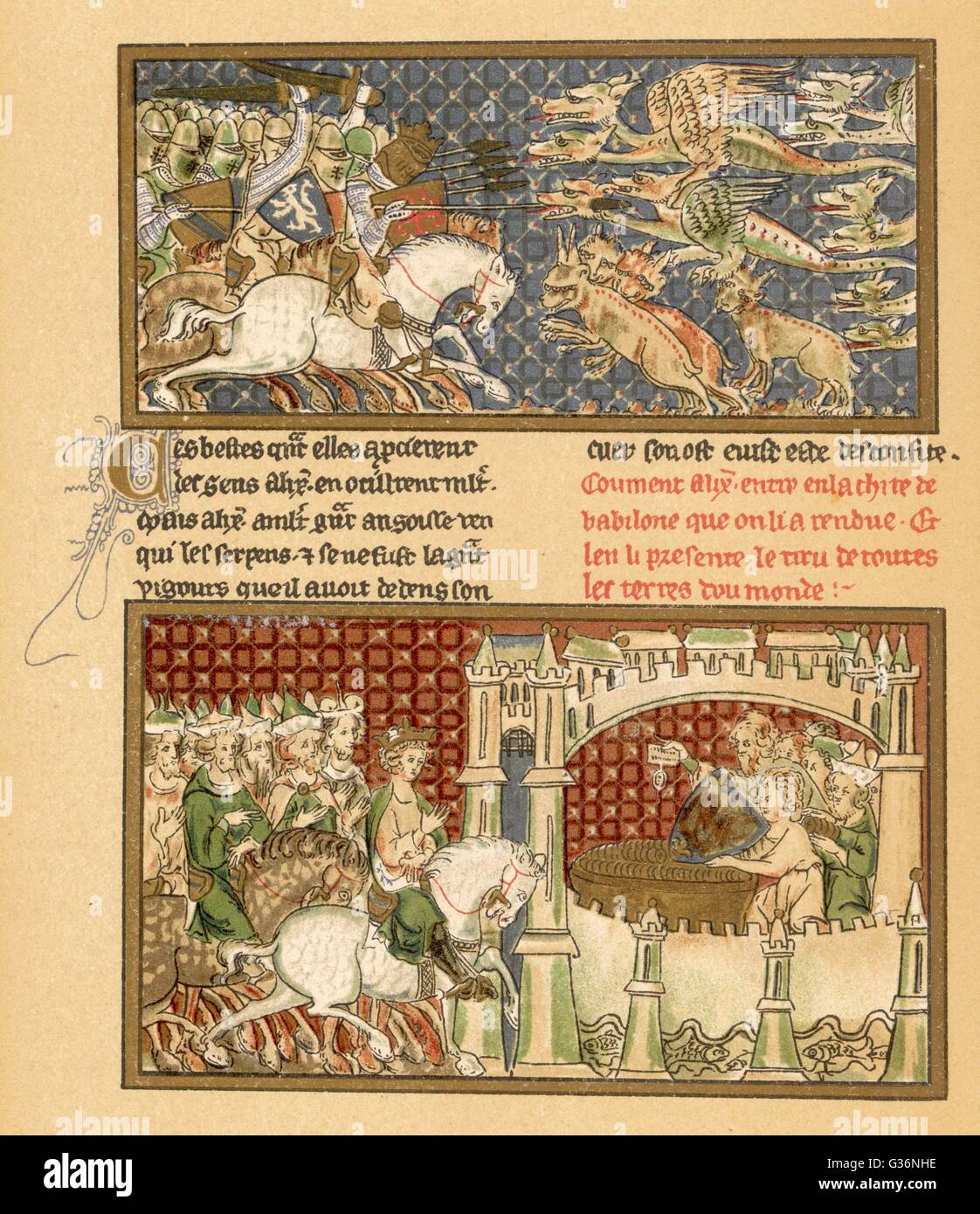 An illustrated page from a French manuscript narrating the life of  Alexander the Great.  It shows him slaying dragons and entering a castle.      Date: 14th century Stock Photo