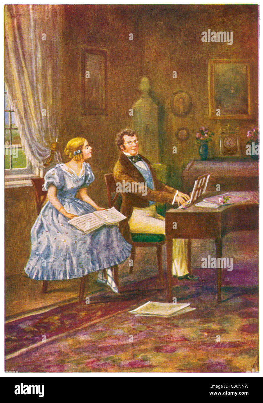 Franz Schubert (17971828), Austrian composer and musician, seated at the piano, while a female