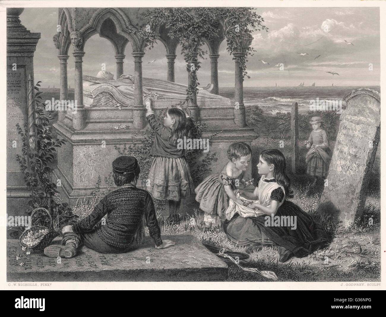 Children at the tomb of Grace Horsley Darling (1815-1842), in St. Aidans churchyard, Bamburgh, Northumberland. She was the daughter of the Farne Islands lighthouse keeper, William Darling. She rowed with her father to the sinking steamboat the SS Forfar Stock Photo