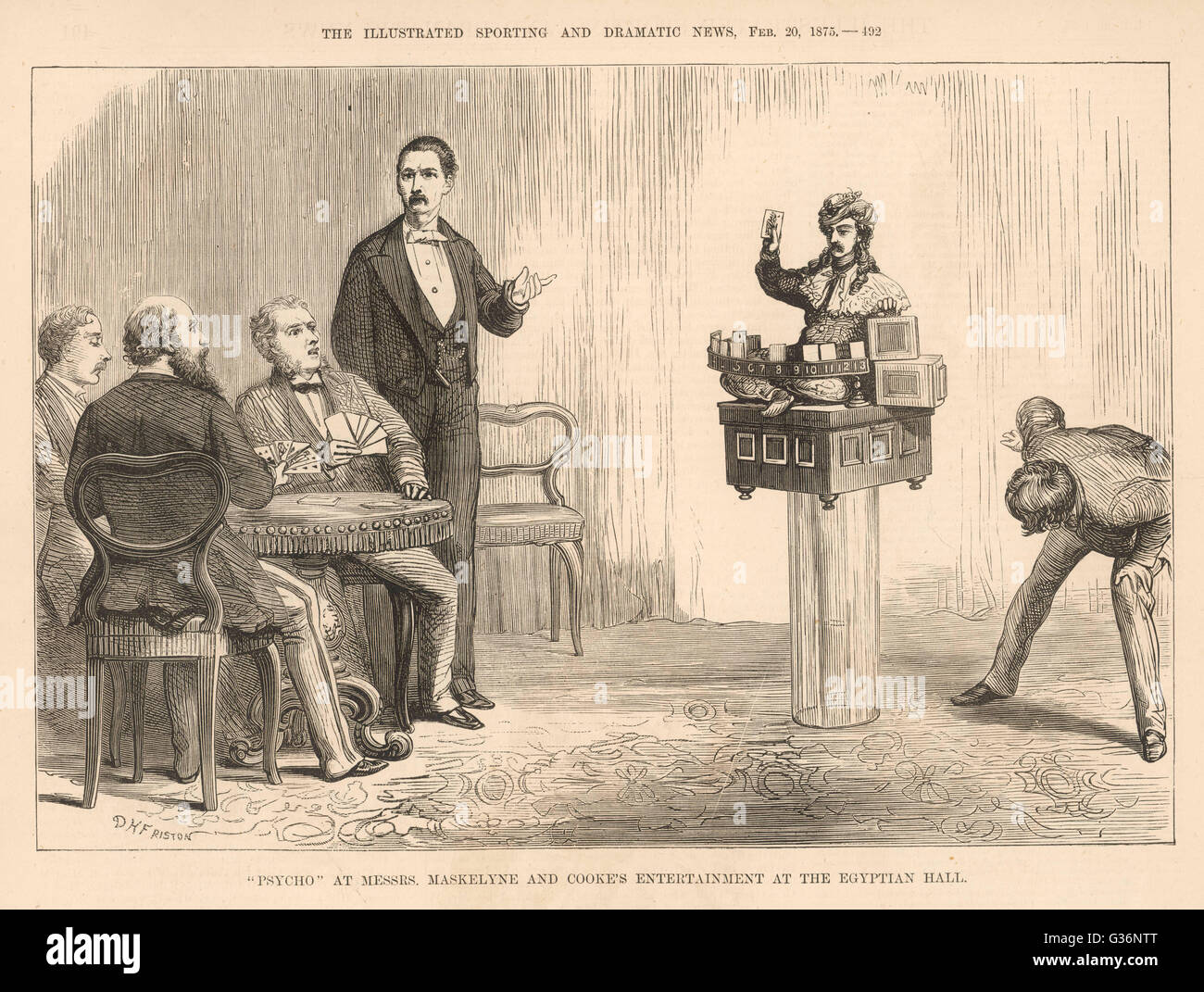 Maskelyne &amp; Cook's thought-reading, whist playing automaton, Psycho, as demonstrated at the Egyptian Hall in Piccadilly, London.       Date: 1875 Stock Photo