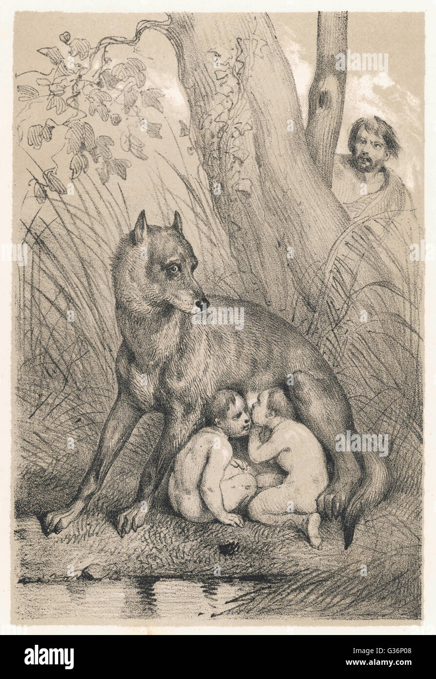 Romulus and Remus suckled by a wolf Stock Photo