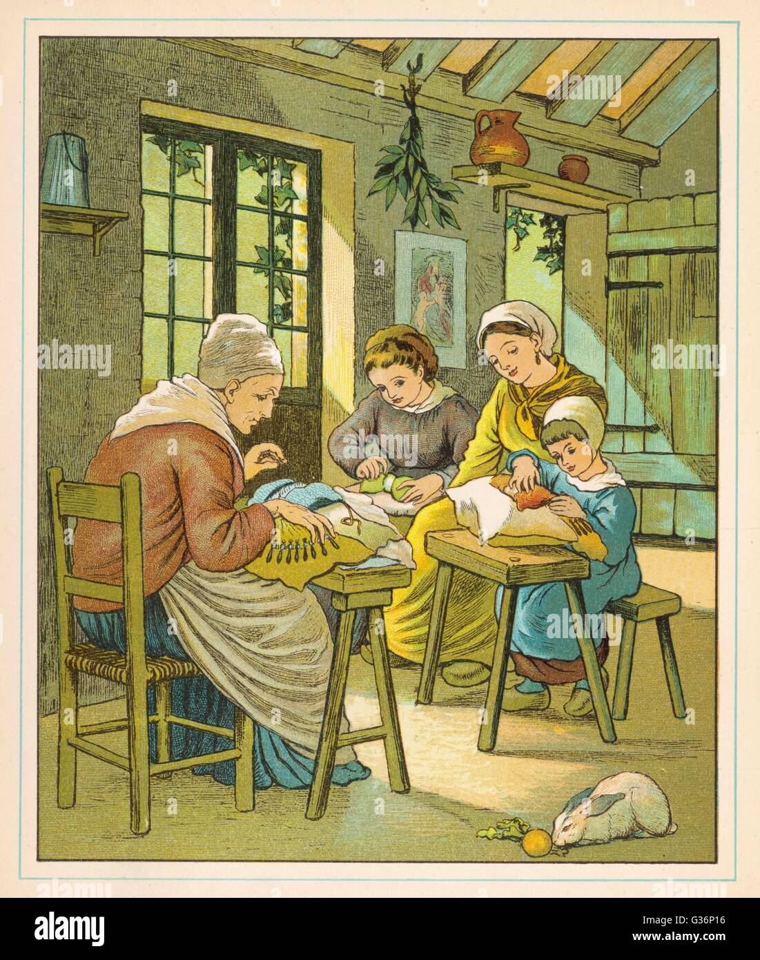 Lace making at home in Caen, Normandy, northern France.         Date: 1882 Stock Photo