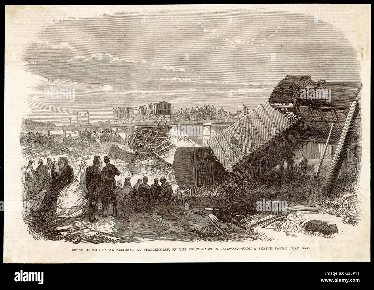 A railway accident at Staplehurst, Kent.  The accident happened when the boat train from Folkestone (South-Eastern Railway) derailed on a defective line, killing ten people and injuring 40.  Charles Dickens, Ellen Ternan and her mother escaped unhurt, tho Stock Photo