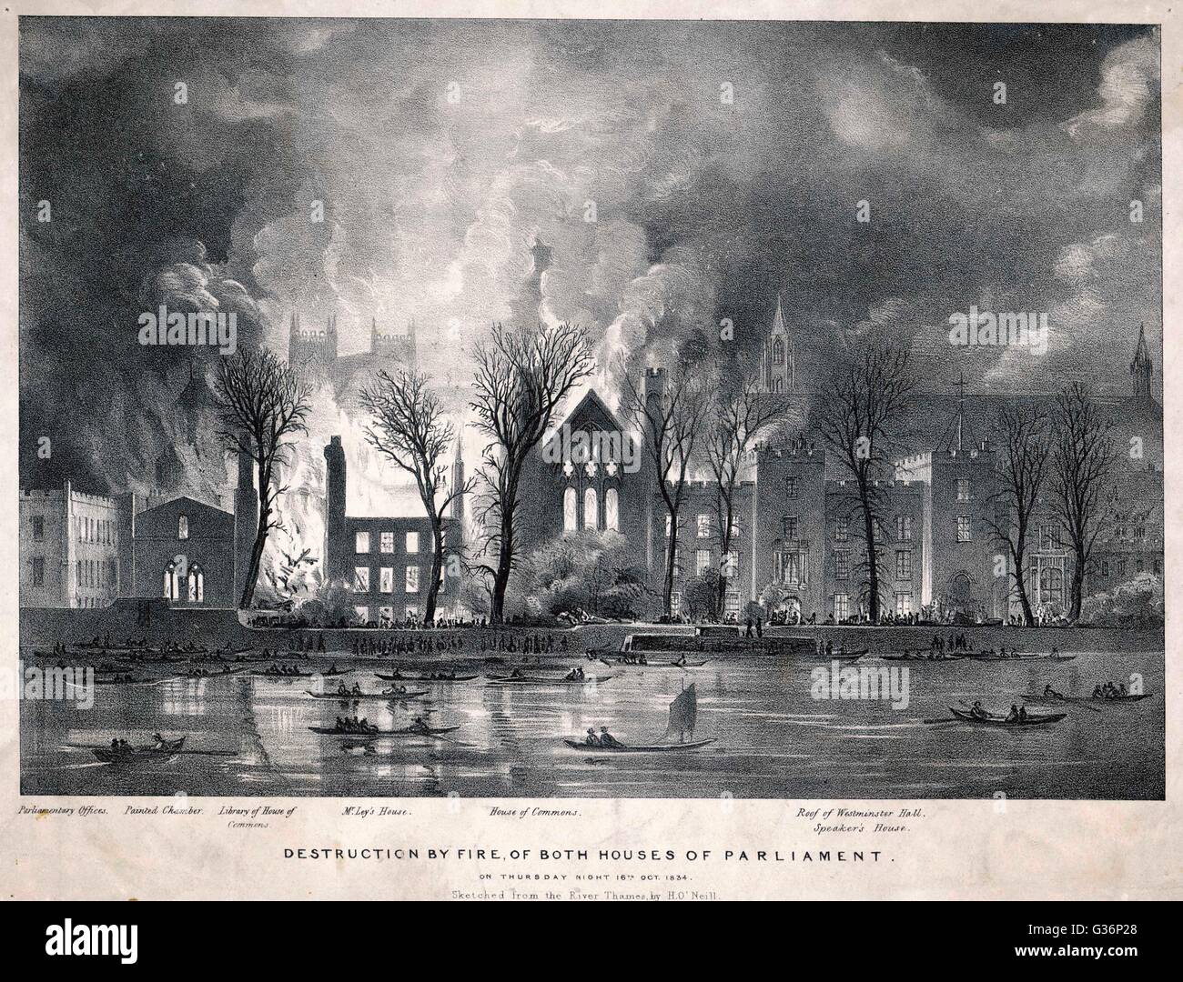 Houses of Parliament destroyed by fire Stock Photo