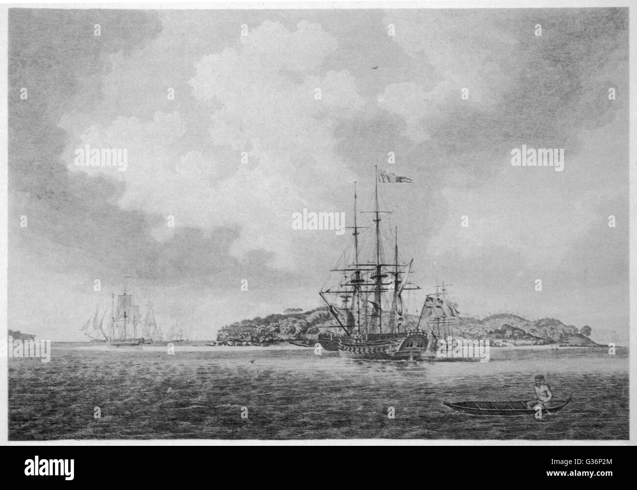 The first fleet from England enters Botany Bay, Australia.      Date: 18 January 1788 Stock Photo