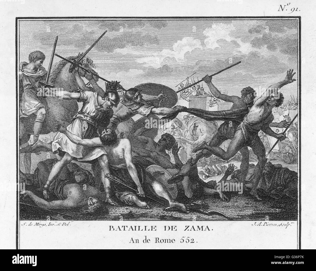 SECOND PUNIC WAR : the Roman general and statesman Publius Cornelius Scipio Africanus defeats the Carthaginian leader Hannibal at the Battle of Zama, near Carthage in North Africa, which was the final battle of the Second Punic War.        Date: 19 Octobe Stock Photo