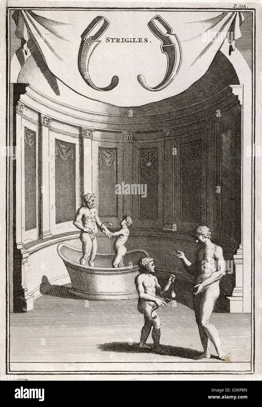 Bathing and washing in Ancient Rome.  Men and boys using 'strigiles' in a bath house.  The strigil was a small, curved, metal tool used in ancient Greece and Rome to scrape dirt and sweat from the body before the invention of soap.  Perfumed oil was first Stock Photo
