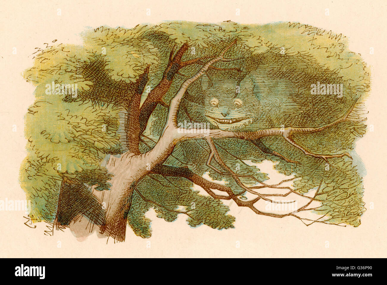 Alice and the Cheshire Cat -- the grinning cat, with whom Alice has just had a conversation, fades away as it sits on a tree branch.         Date: First published: 1865 Stock Photo