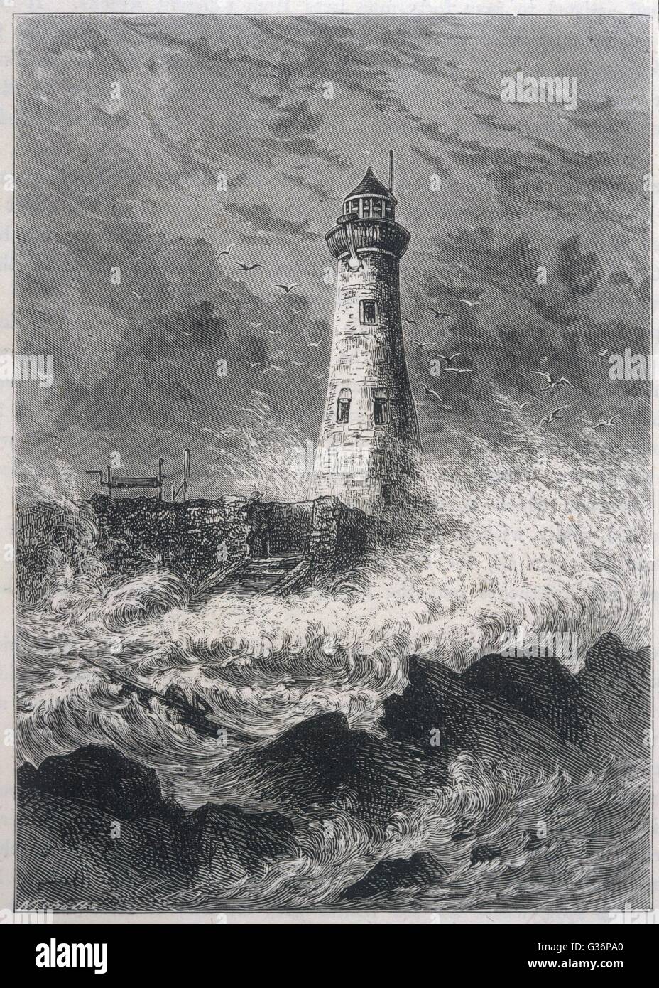 Longstone Lighthouse, on Longstone Rock, Farne Islands, Northumberland. It was originally called the Outer Farne Lighthouse, and was designed and built in 1826. It is famous for the wreck of the SS Forfarshire in 1838, and the rescue of 13 people by Gra Stock Photo