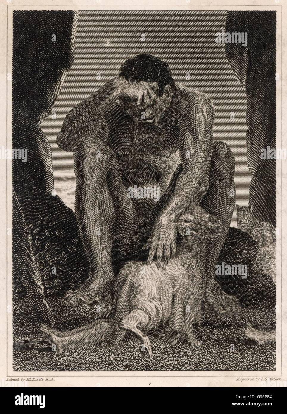 Polyphemus (Polyphemos) the Cyclops, the gigantic one-eyed son of Poseidon and Thoosa, seen here in his cave with one of his sheep.  In Homer's Odyssey he kills and eats several of Odysseus's men.  Odysseus gives him wine which makes him sleepy, and when Stock Photo