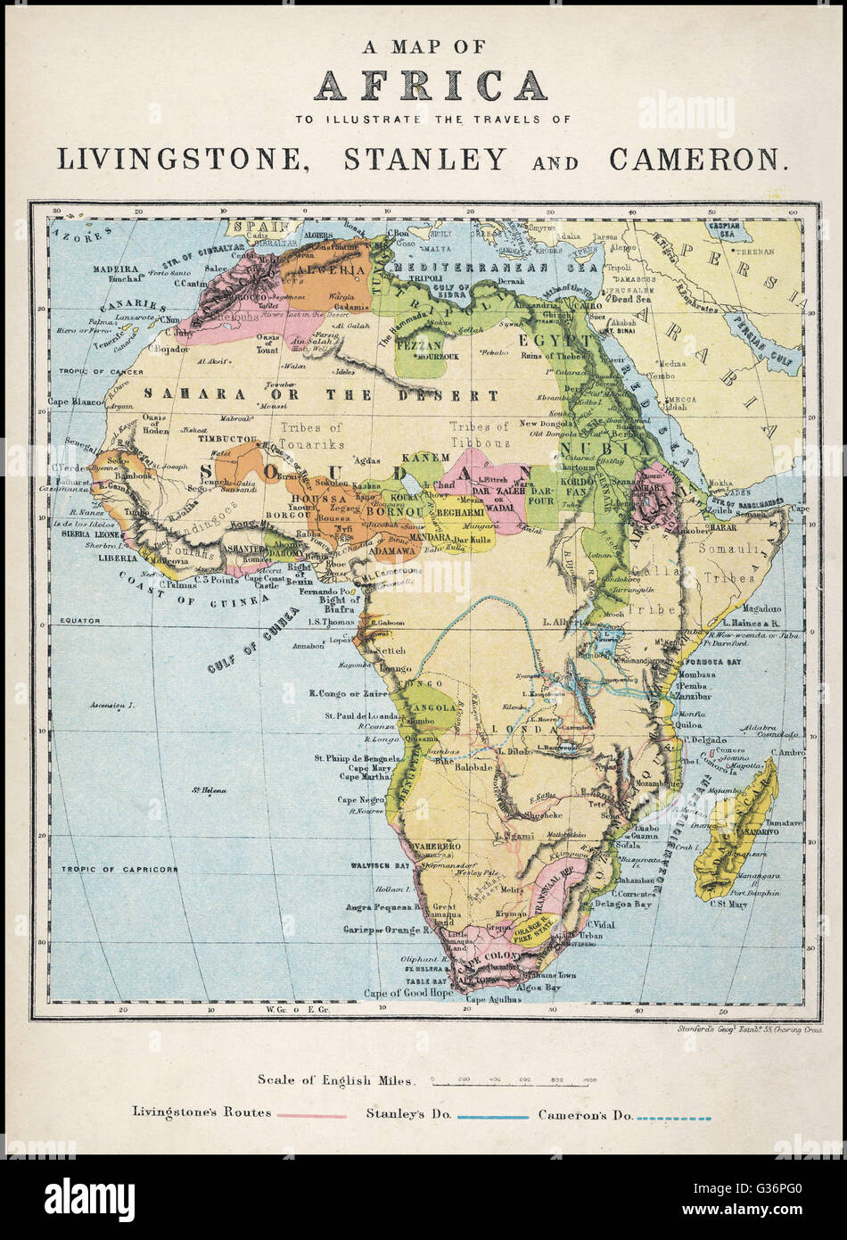 Map of Africa illustrating travels of explorers Stock Photo