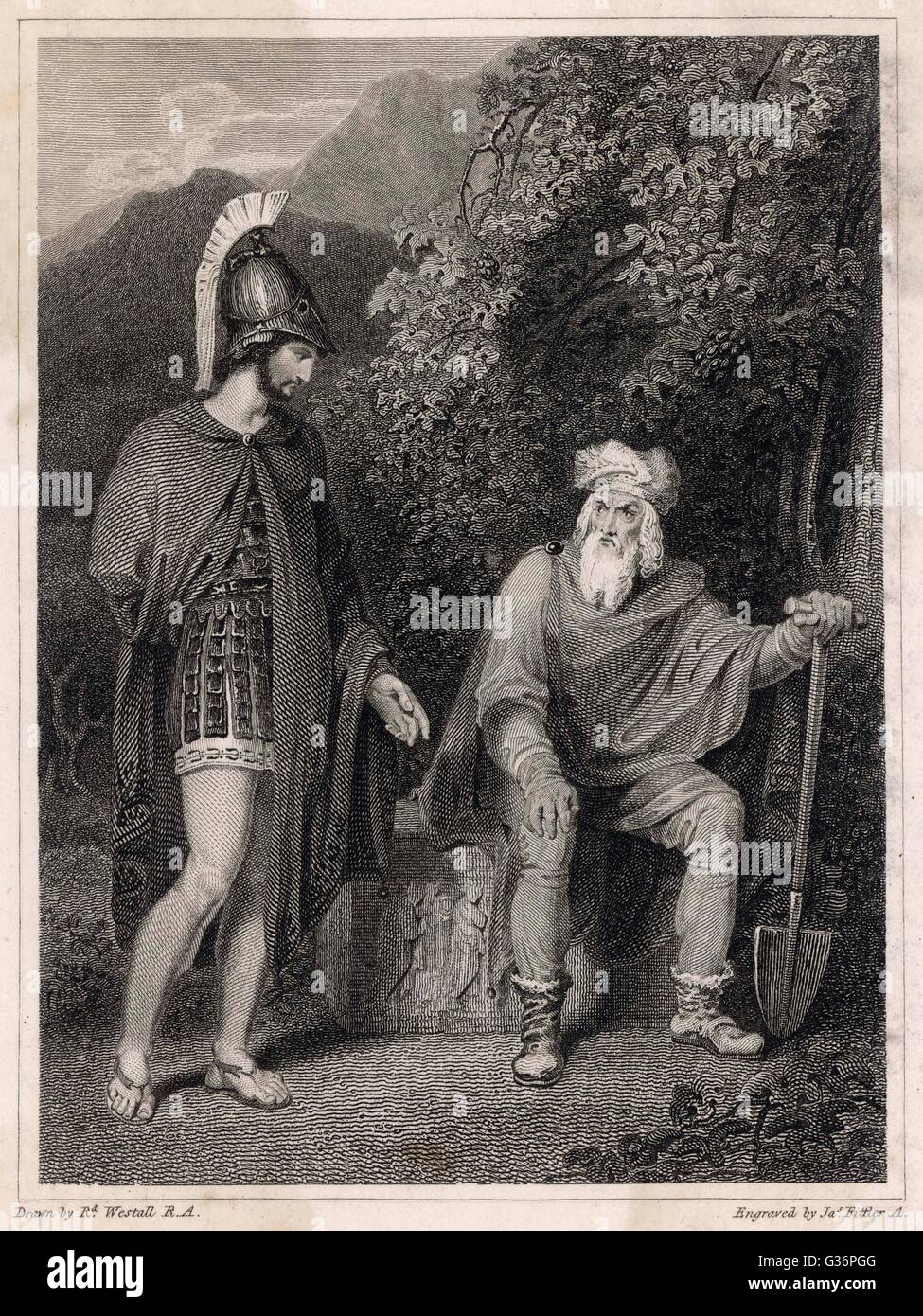 Odysseus visiting his father, Laertes, after returning home and killing all of Penelope's suitors.   Laertes has been grieving throughout his son's long absence. Stock Photo