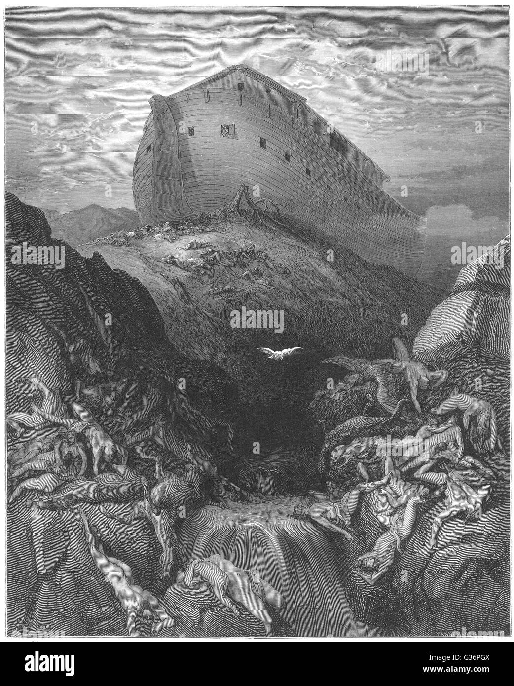 Old Testament -- Noah's Ark, resting on Mount Ararat after the Deluge, with the bodies of drowned people littering the landscape.           Date: Old Testament Stock Photo